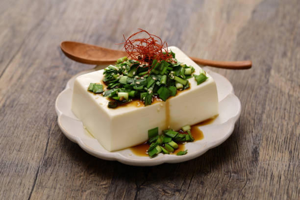 chilled tofu topped with garlic chive soy sauce, Japanese food, Hiyayakko