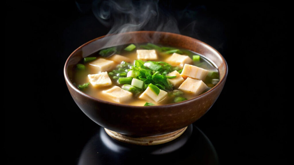 A steaming bowl of miso soup with tofu and green onions on a black background, Japanese Appetizers